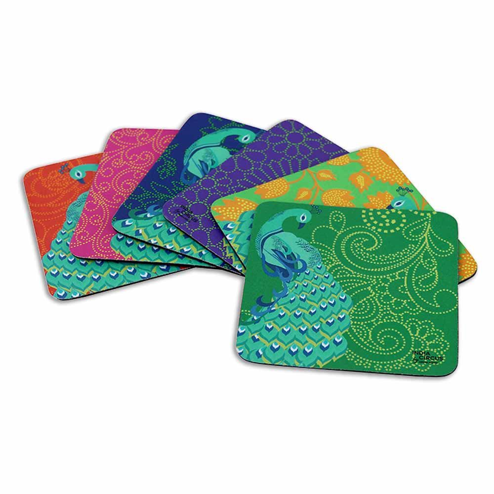 Kuheli Floral Peacock Dance Rubber coasters - (Set of 6)