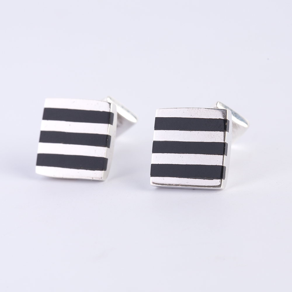 Silver Black Striped Cufflinks