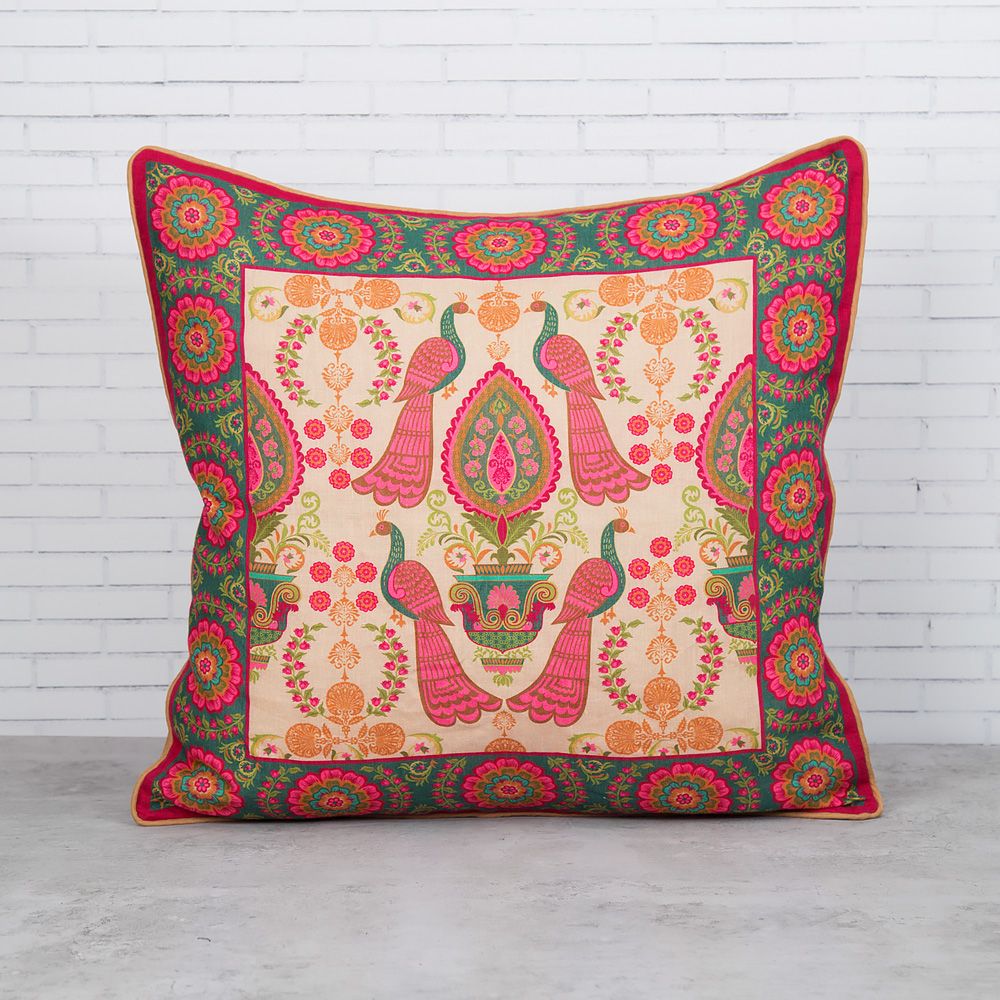 Twin Indian Peafowl Linen Cushion Cover