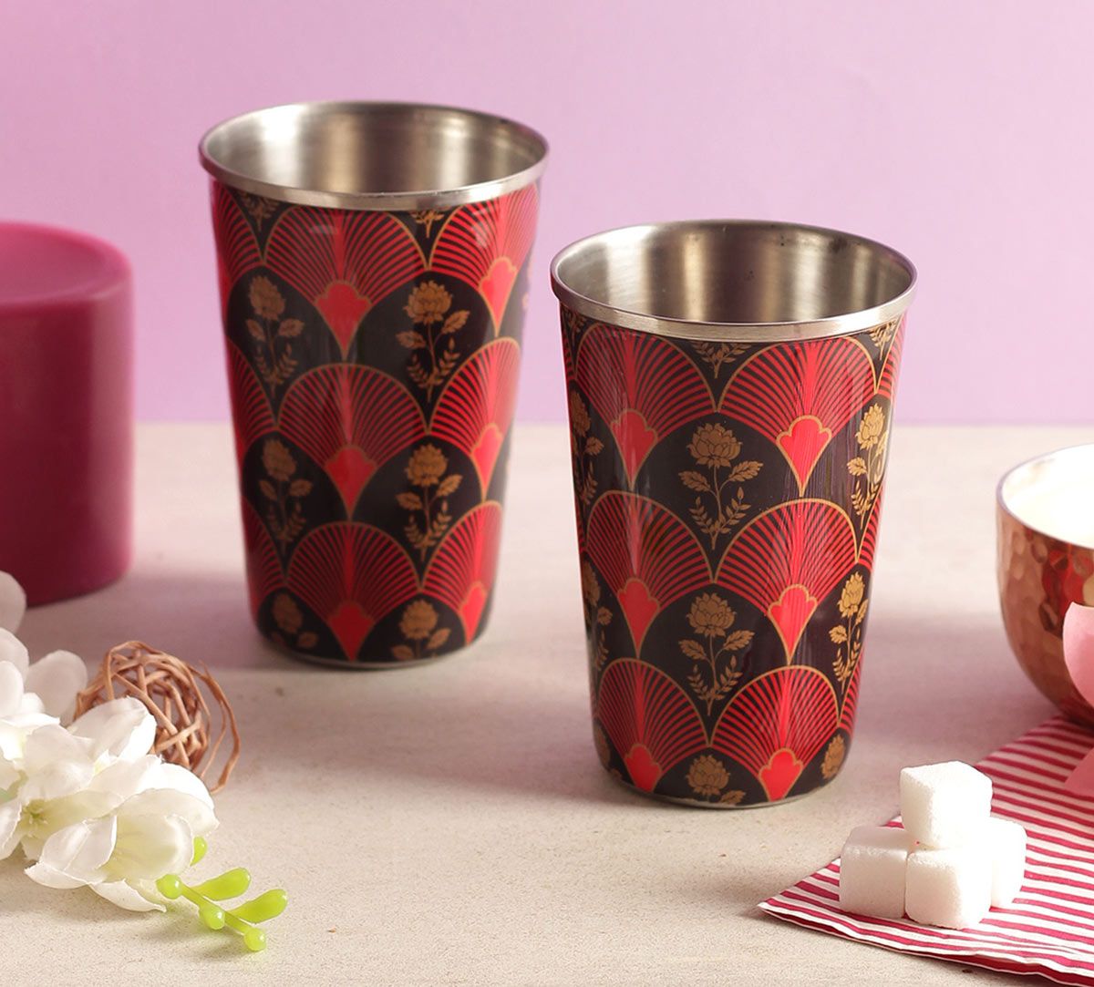 India Circus Fans of Blossom Steel Tumbler Set of 2