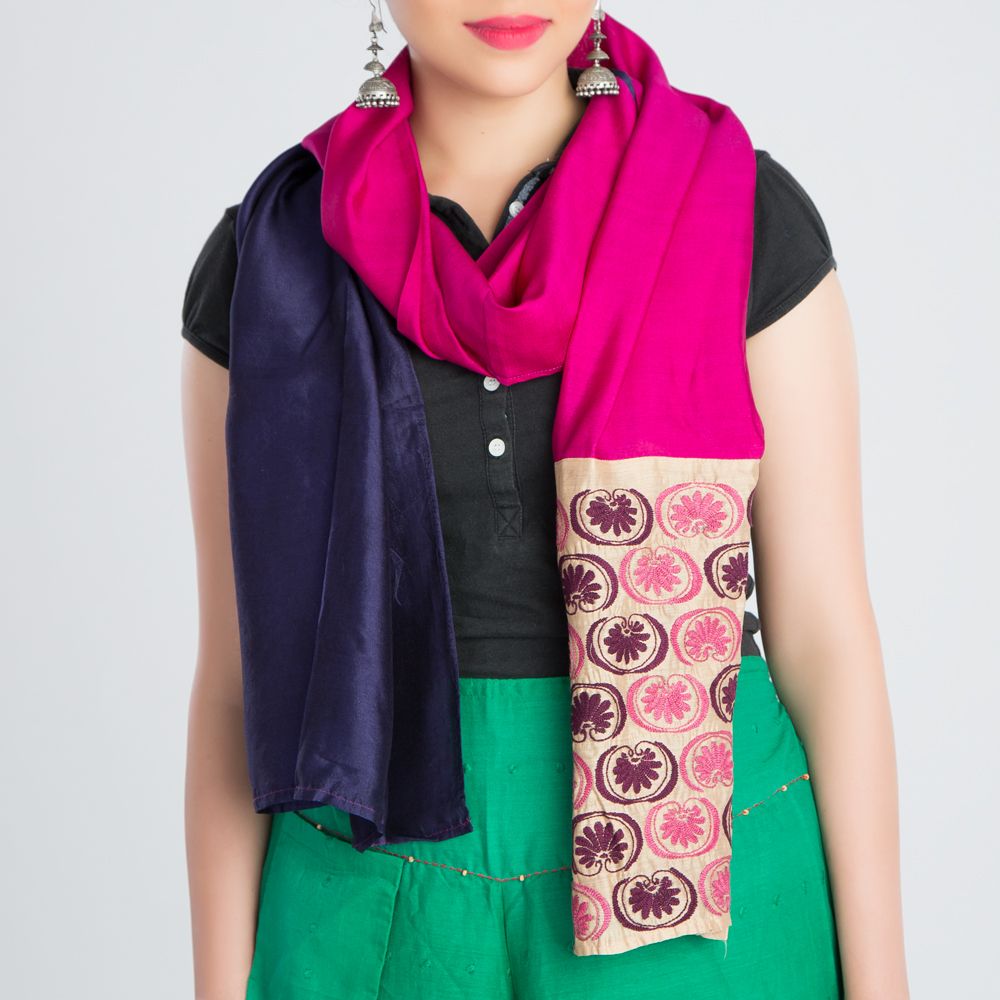 Black Pink Embroidered Silk Stole