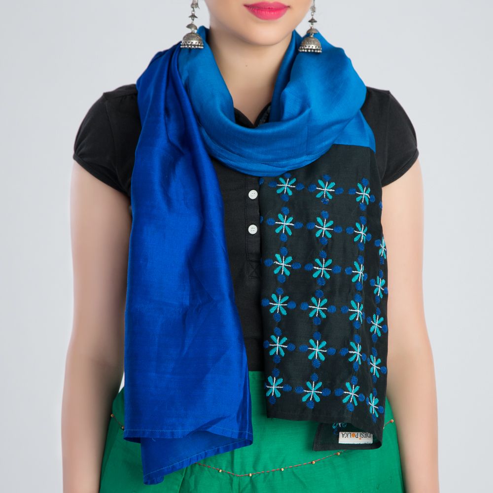 Blue Black Embroidered Silk Stole
