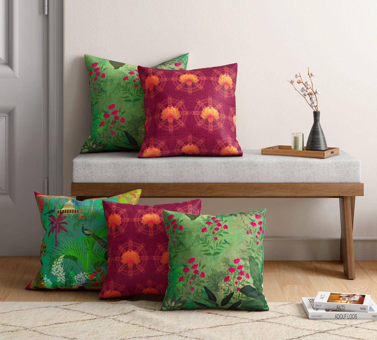India Circus by Krsnaa Mehta Floral Mystique Satin Blend Cushion Cover Set of 5