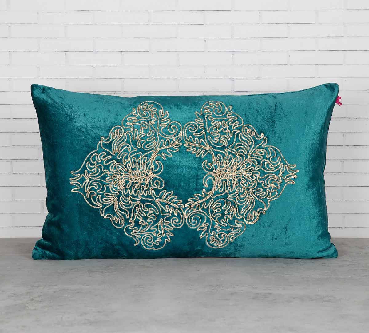 India Circus Bloom Integration Peacock Green Embroidered Velvet Cushion Cover