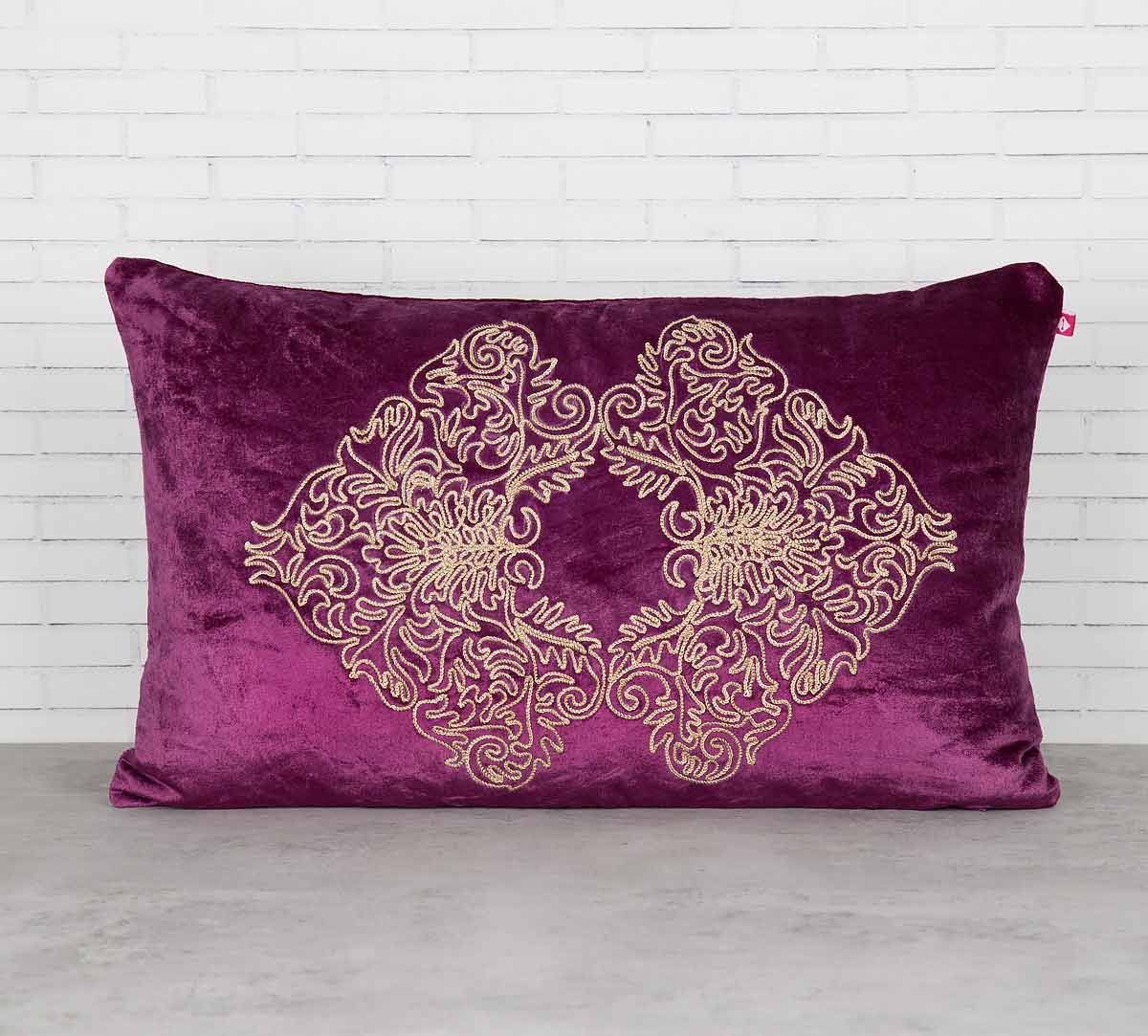 India Circus Bloom Integration Purple Embroidered Velvet Cushion Cover