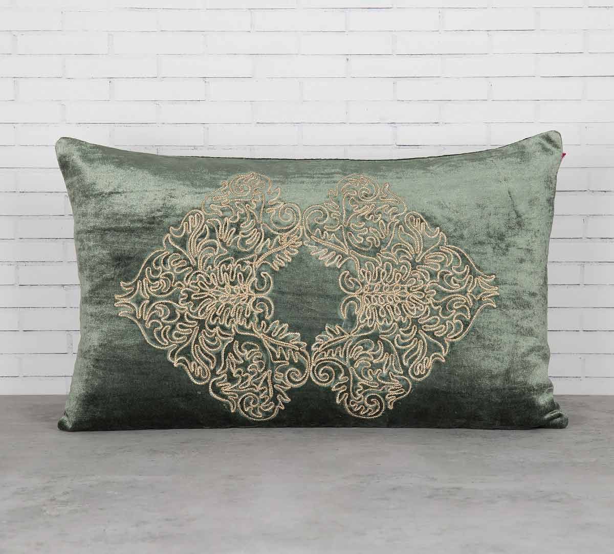 India Circus Bloom Integration Siege Green Embroidered Velvet Cushion Cover