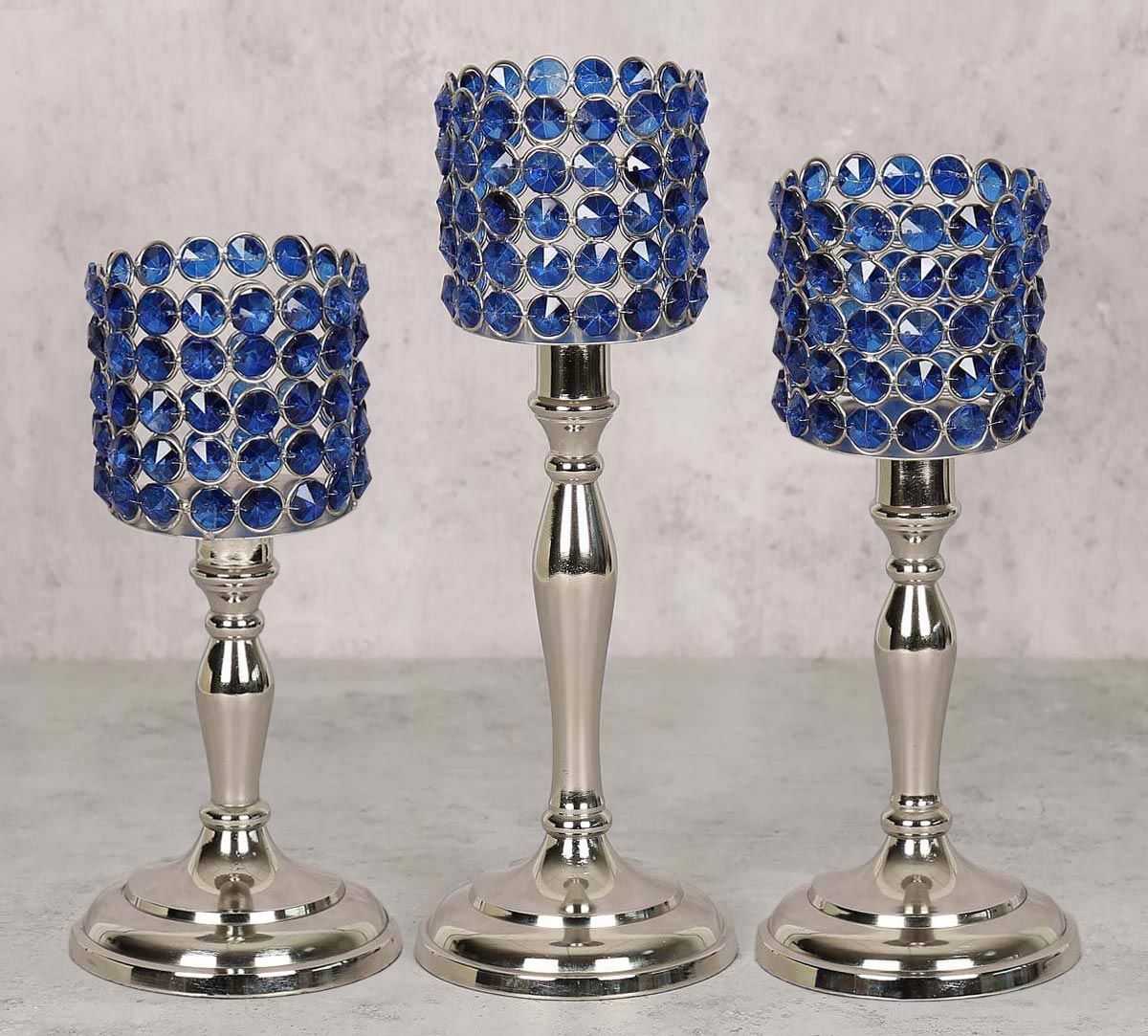 India Circus Blue Crystal Candle Holder Cylindrical Set of 3