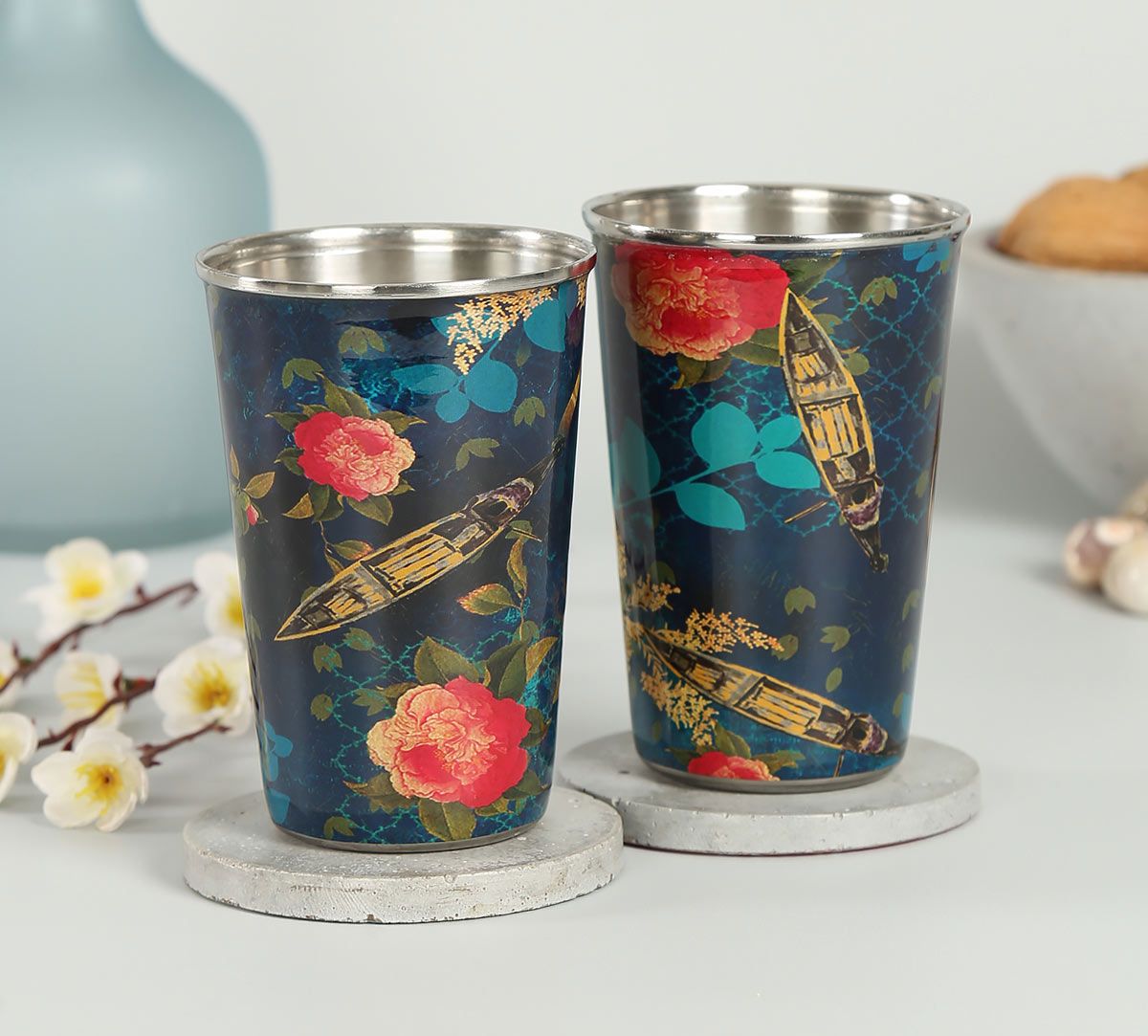 India Circus Blue Floral Lake Inception Steel Tumbler (Set of 2)