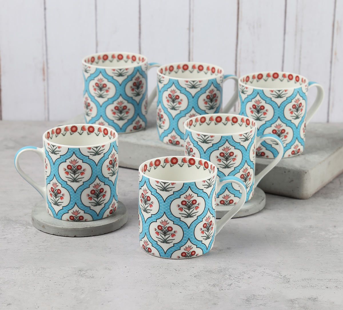 India Circus Blue Lattice Motifs Coffee Mugs Set of 6