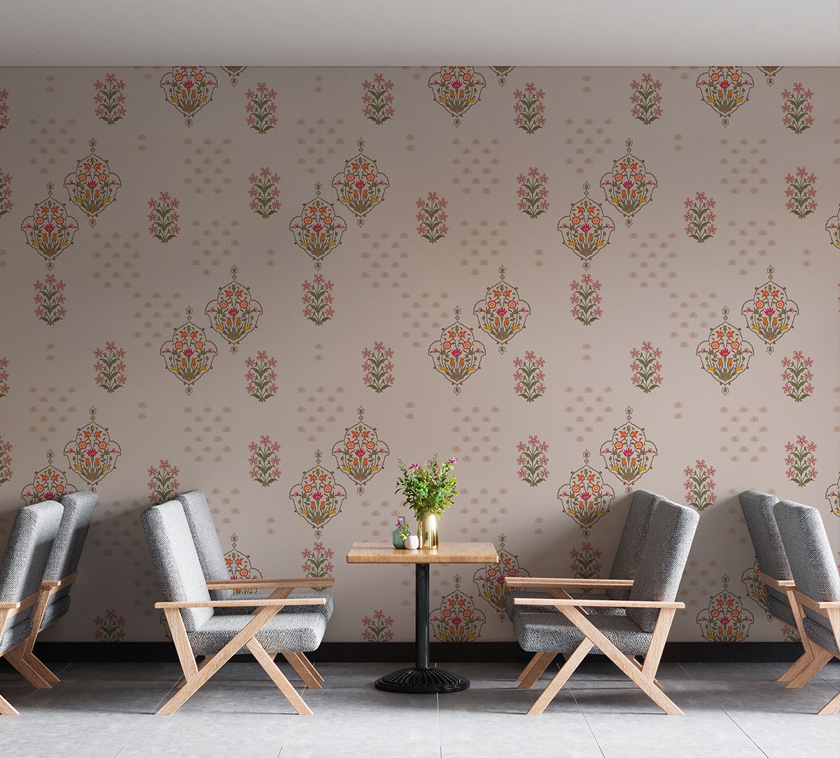 Traditional look green pink white grey color combination palace finished  wall with rose in decorated frames wallpaper