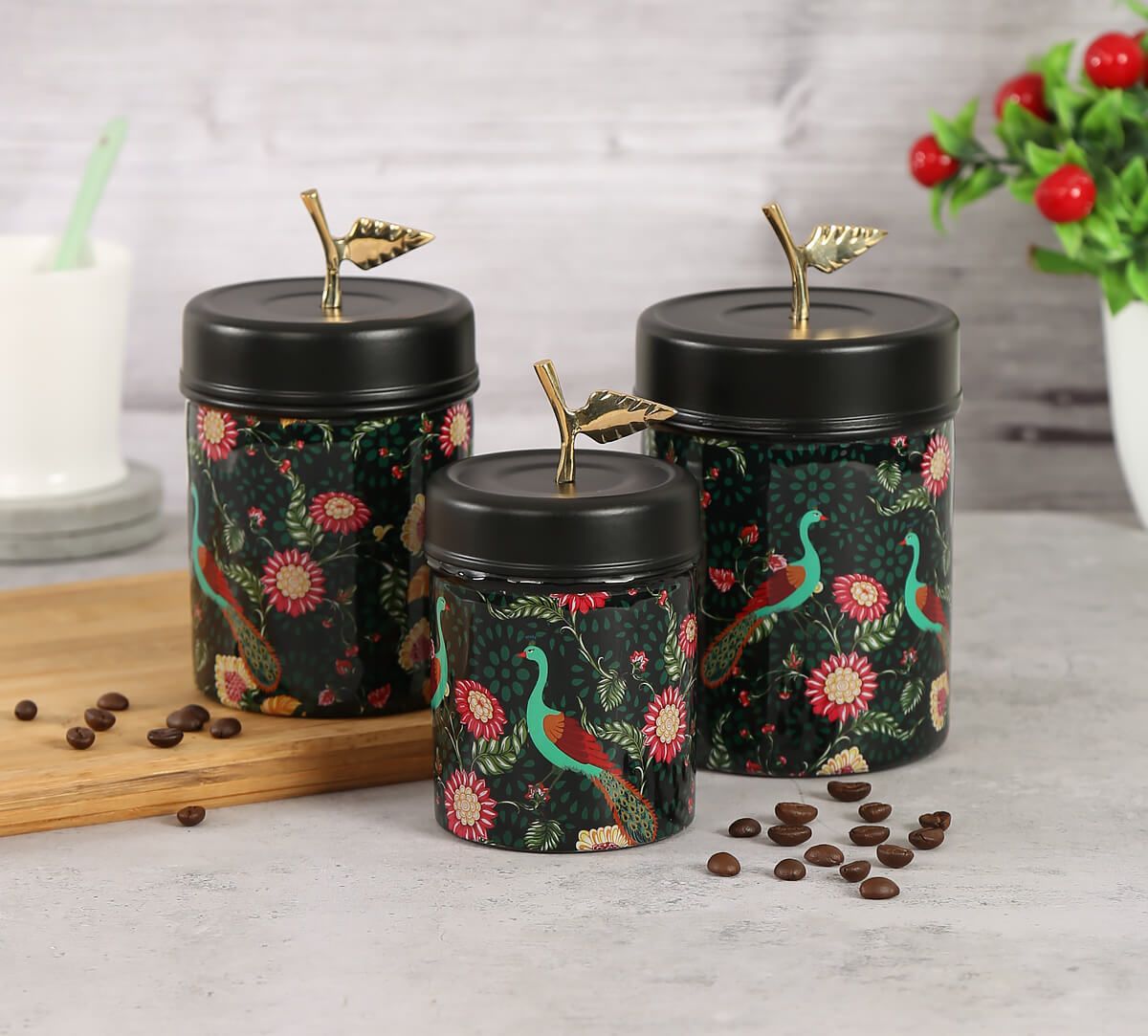 India Circus by Krsnaa Mehta Feathers & florals Steel Container Set of 3