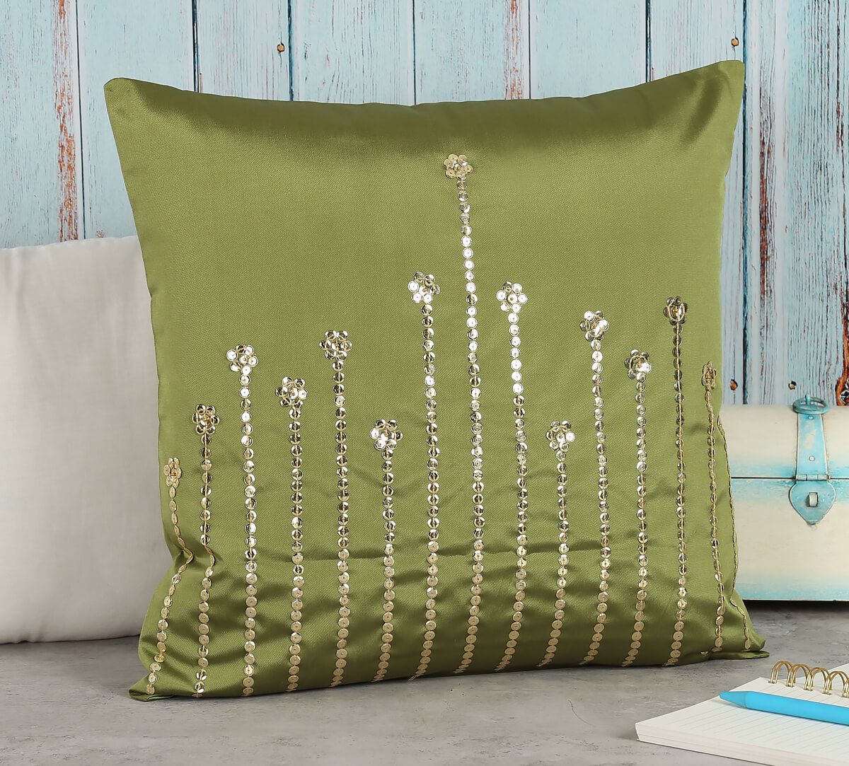 India Circus by Krsnaa Mehta Olive Green Embellished Cushion Cover
