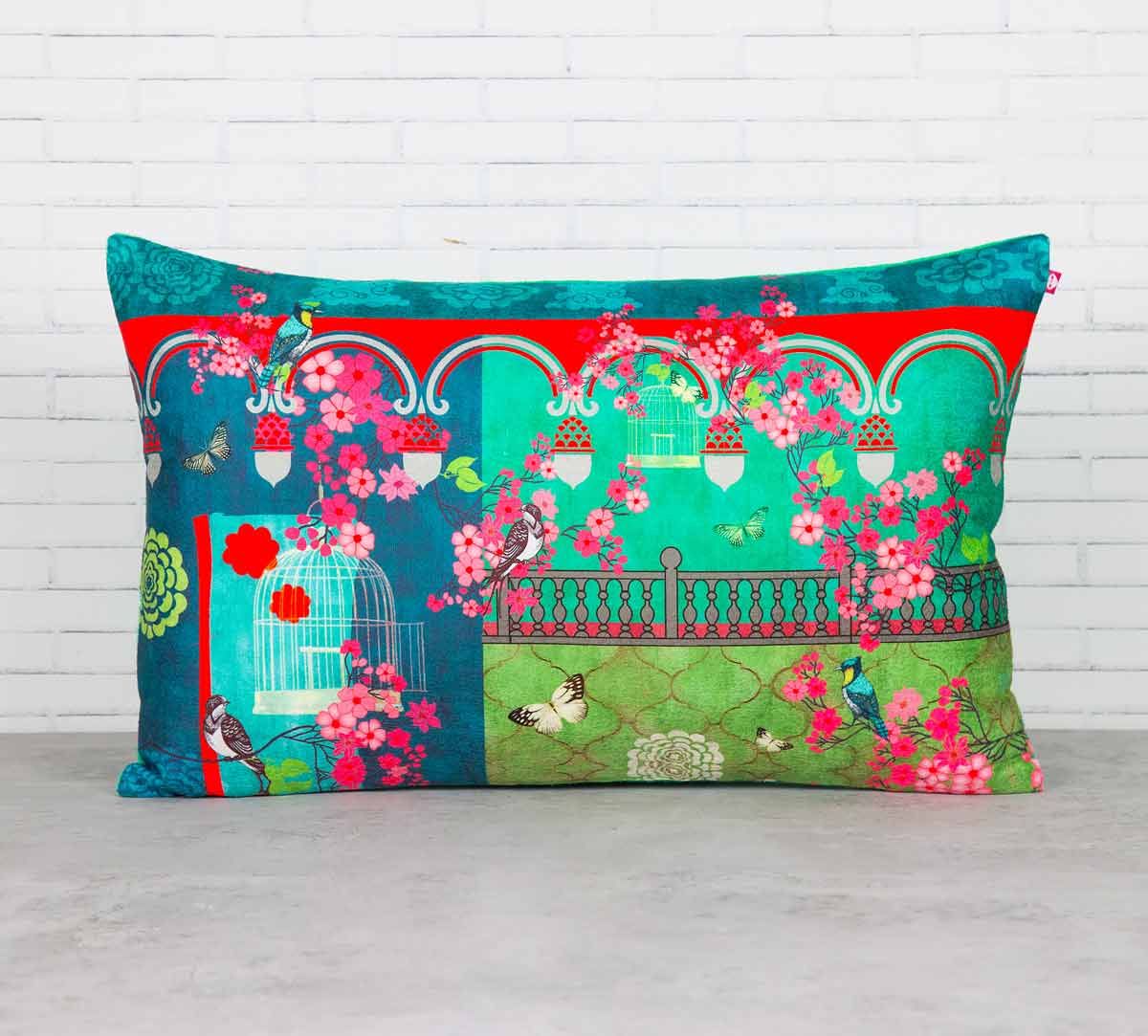 India Circus Chirping Birds Realm Blended Velvet Cushion Cover