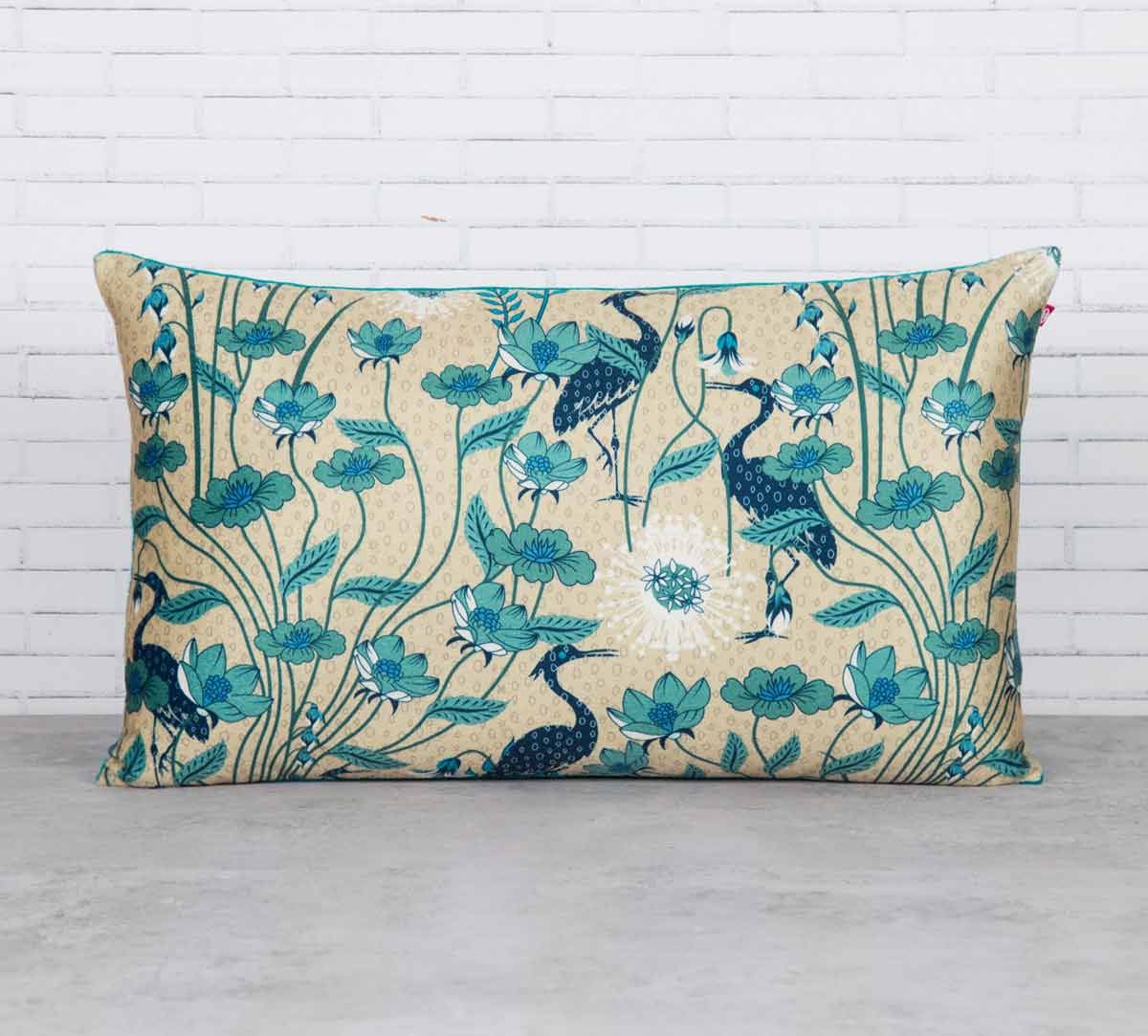 India Circus Egrets Botanical Treat Blended Velvet Cushion Cover