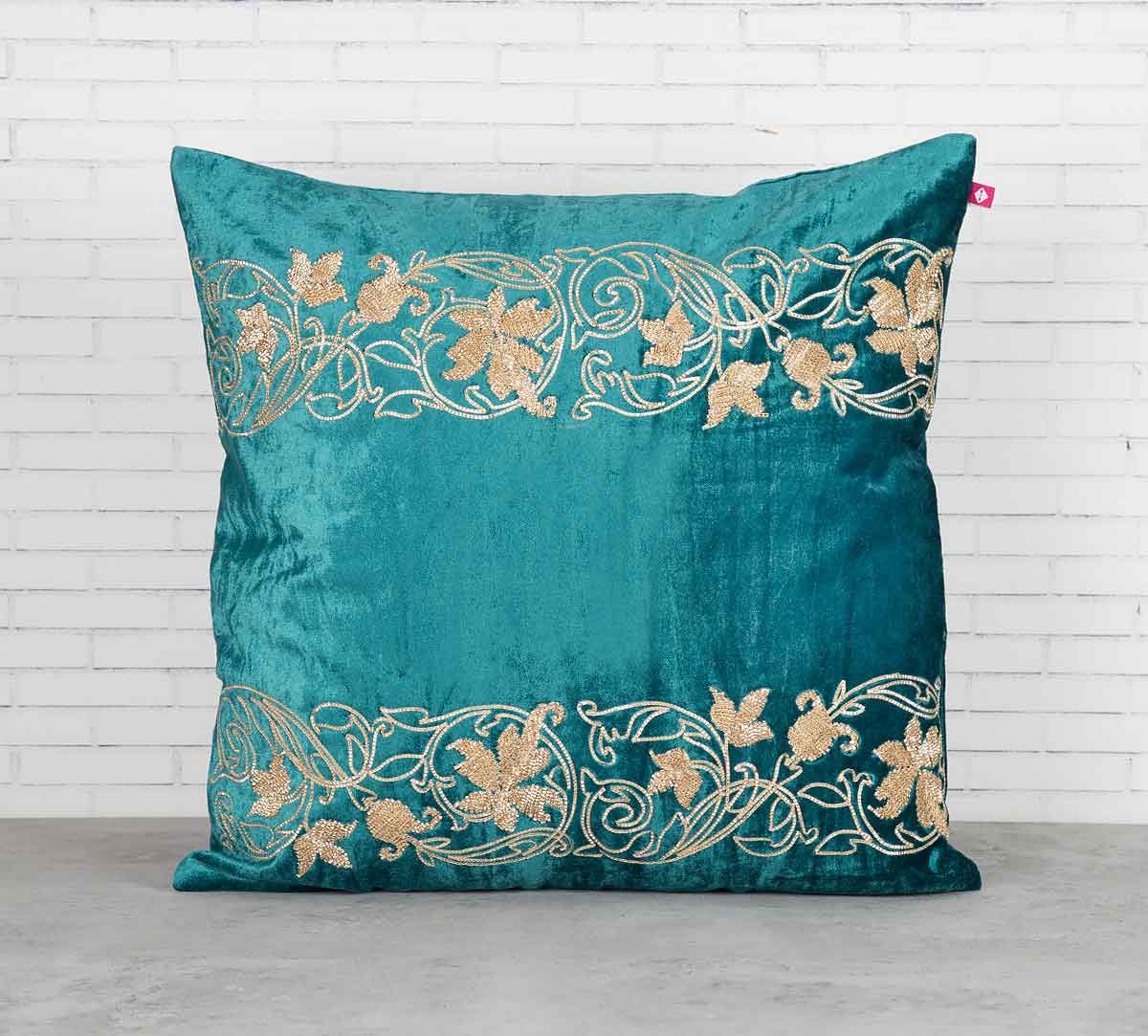 India Circus Floral Bandage Peacock Green Embroidered Velvet Cushion Cover