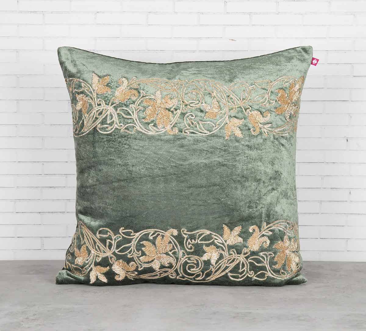 India Circus Floral Bandage Siege Green Embroidered Velvet Cushion Cover