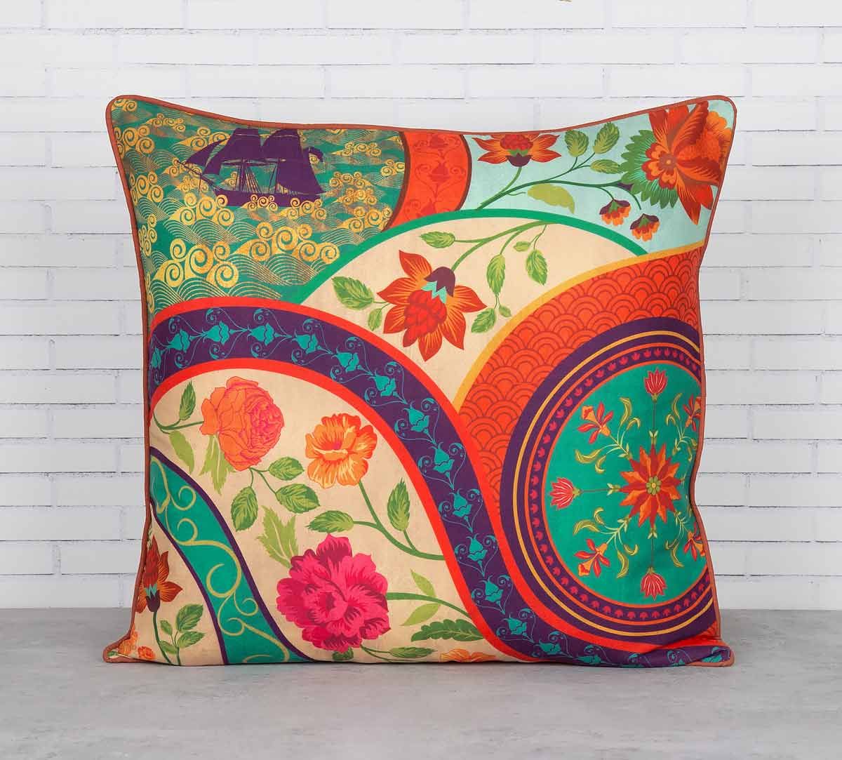 India Circus Floral Embroidery Blended Taf Silk Cushion Cover
