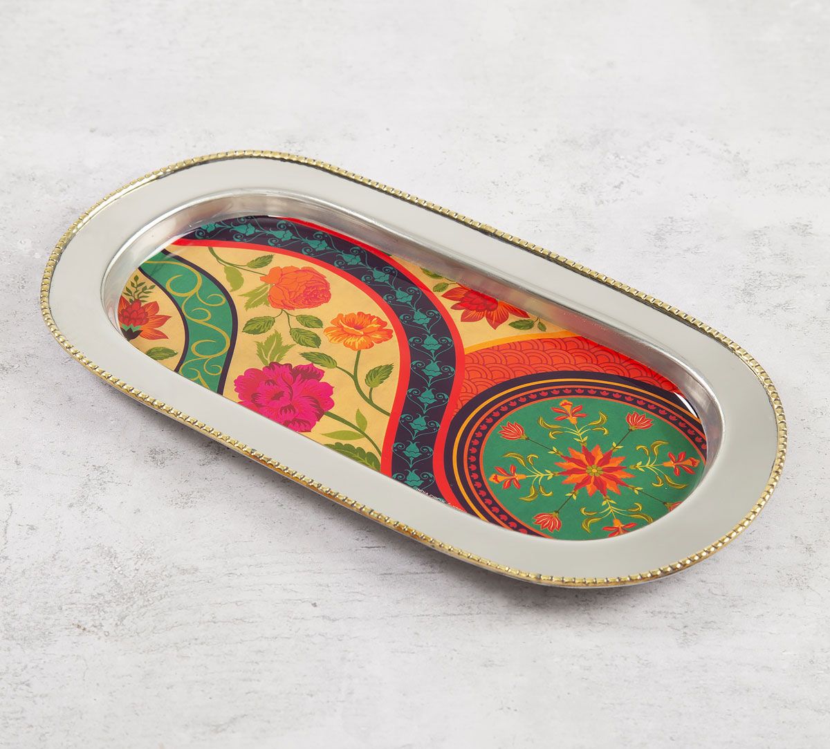 India Circus Floral Embroidery Steel Serving Tray