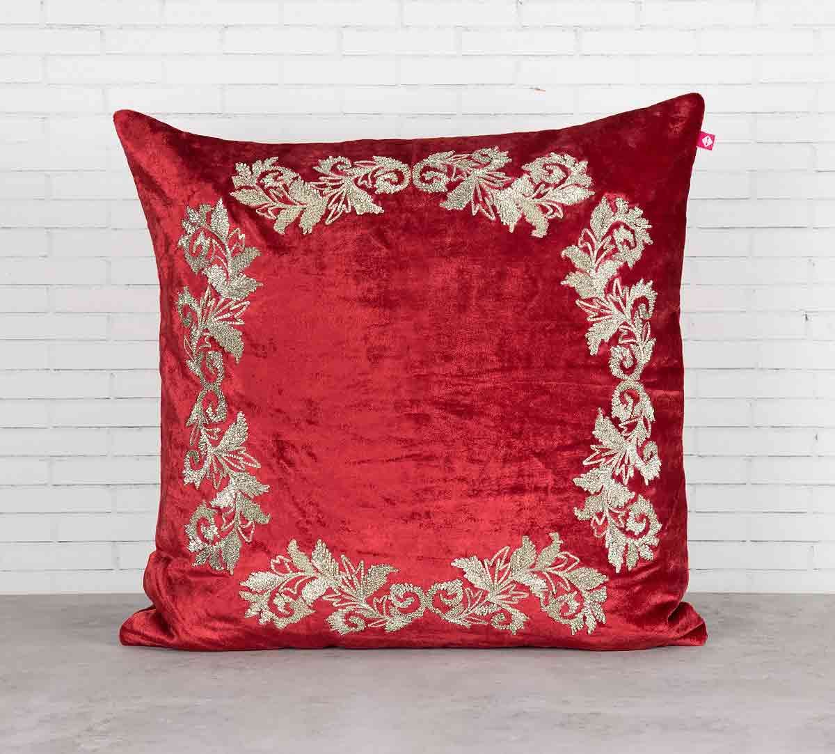 India Circus Floral Enigma Crimson Embroidered Velvet Cushion Cover