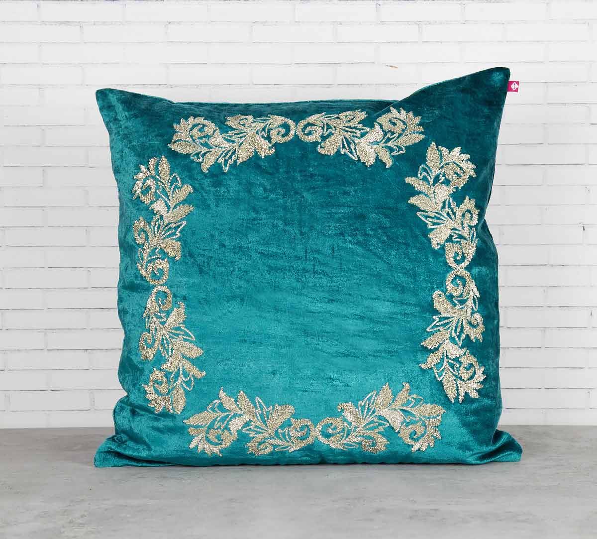 India Circus Floral Enigma Peacock Green Embroidered Velvet Cushion Cover