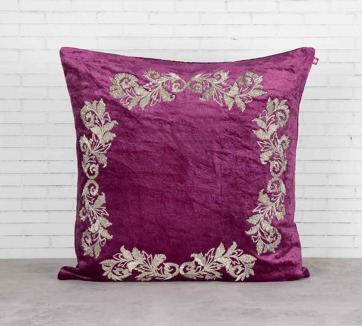 India Circus Floral Enigma Purple Embroidered Velvet Cushion Cover