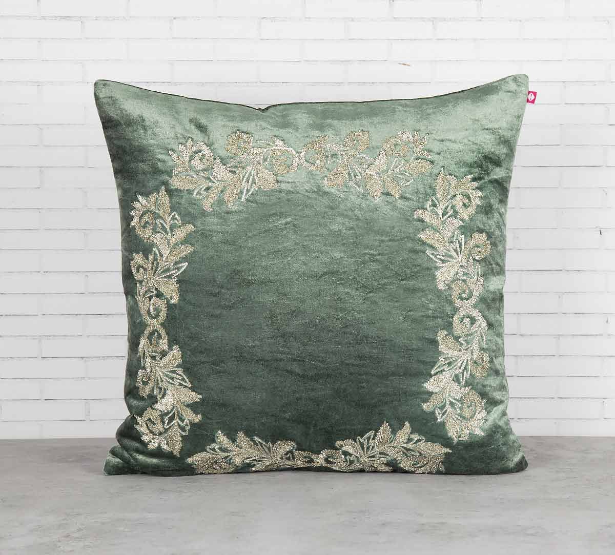 India Circus Floral Enigma Siege Green Embroidered Velvet Cushion Cover