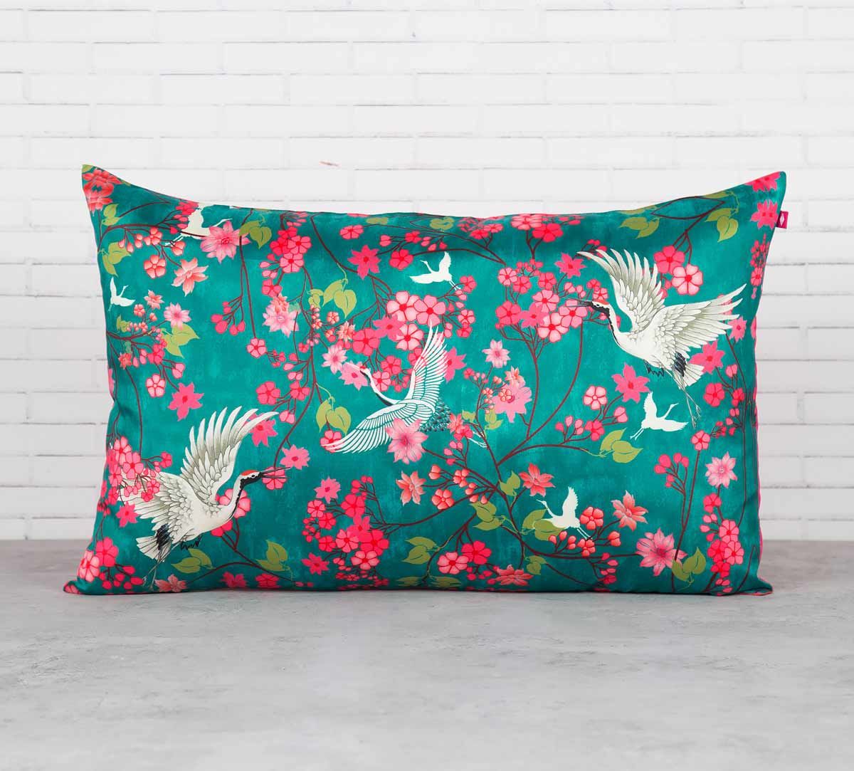 India Circus Legendary Cranes Floral Flutter Blended Taf Silk Cushion Cover