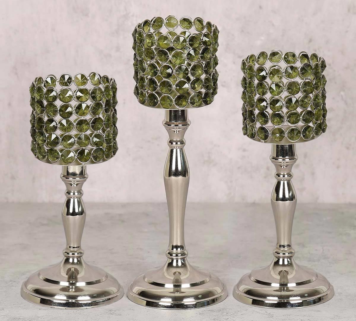 India Circus Olive Crystal Candle Holder Cylindrical Set of 3
