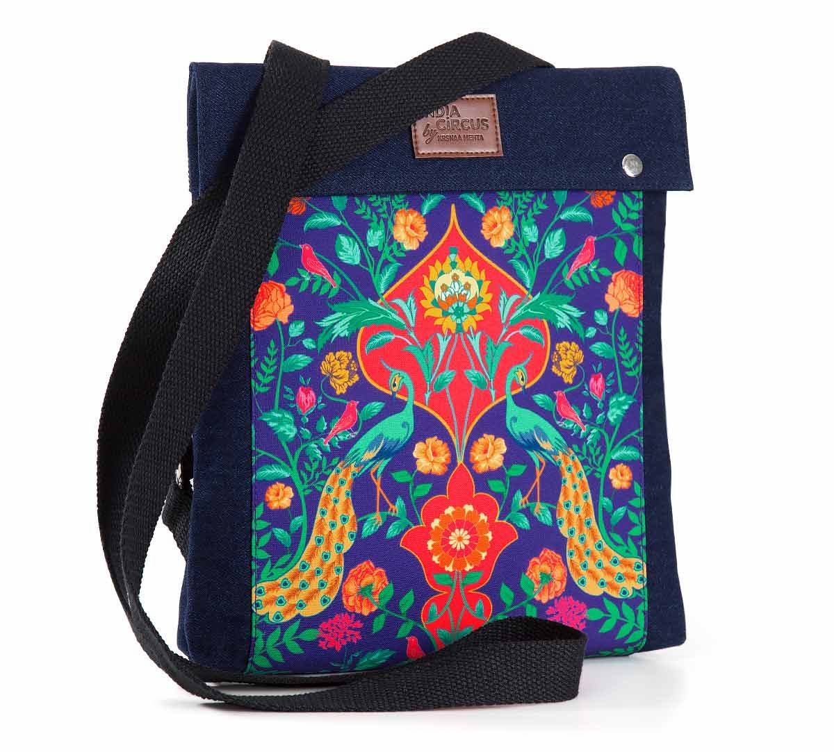 India Circus Peacock Outburst Sling Denim Backpack