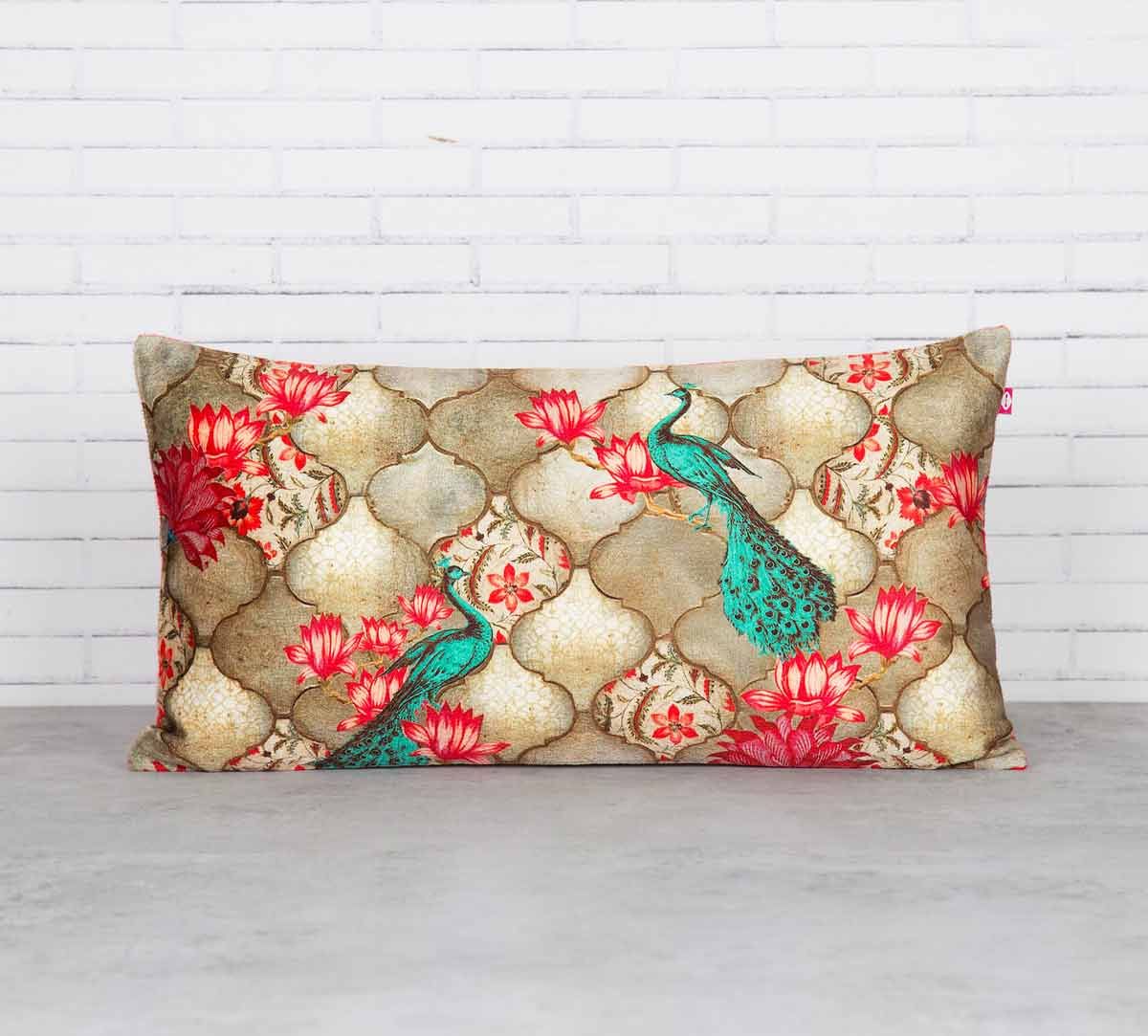 India Circus Peacocks Lotus Orchard Blended Velvet Cushion Cover