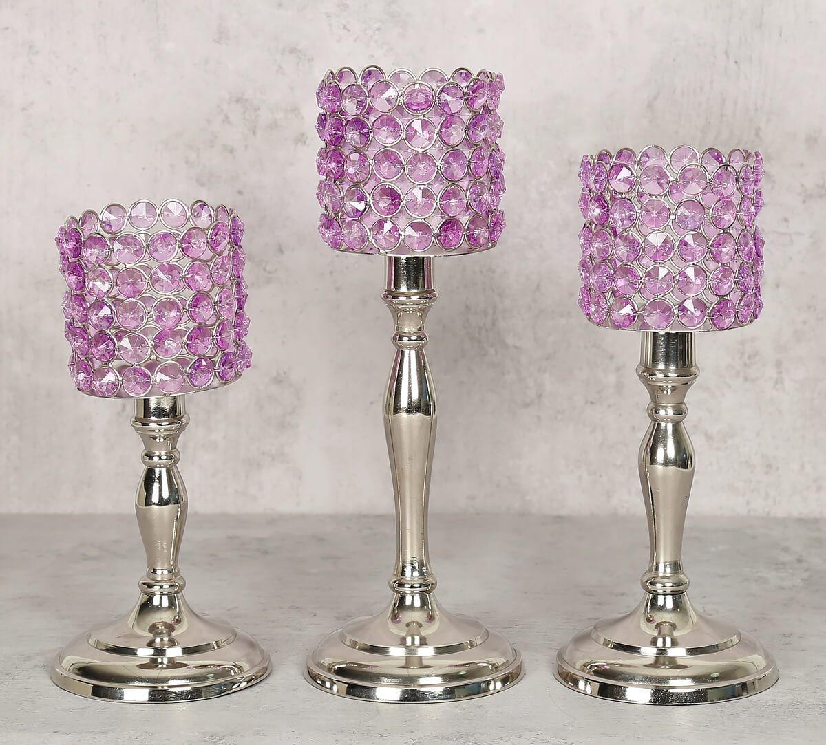 India Circus Purple Crystal Candle Holder Cylindrical Set of 3