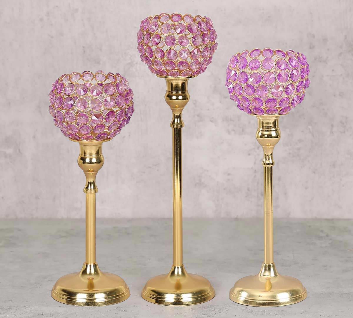 India Circus Purple Crystal Candle Holder Set of 3