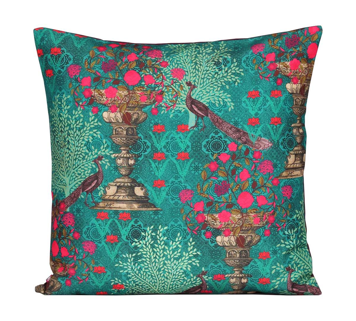 India Circus Sea Green Floral Pillar Crest Canvas Cushion Cover