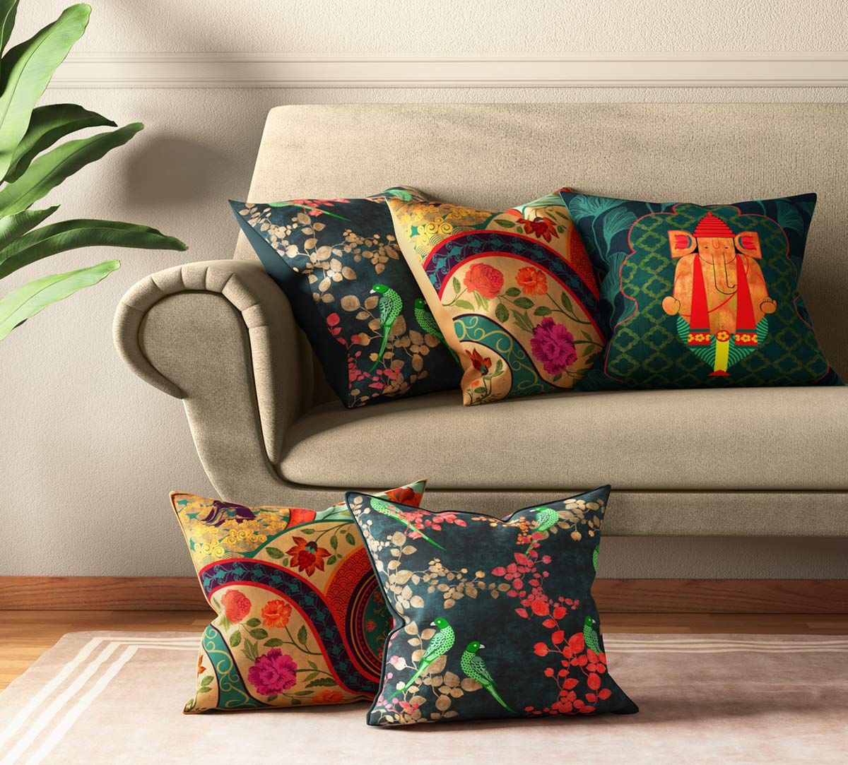 India Circus Temple Town Cushion Cover Set of 5
