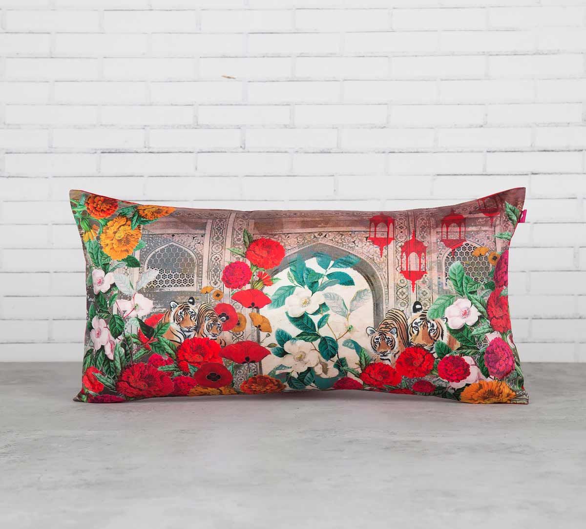 India Circus Tiger Hiding in the Floral Burst Blended Taf Silk Cushion Cover