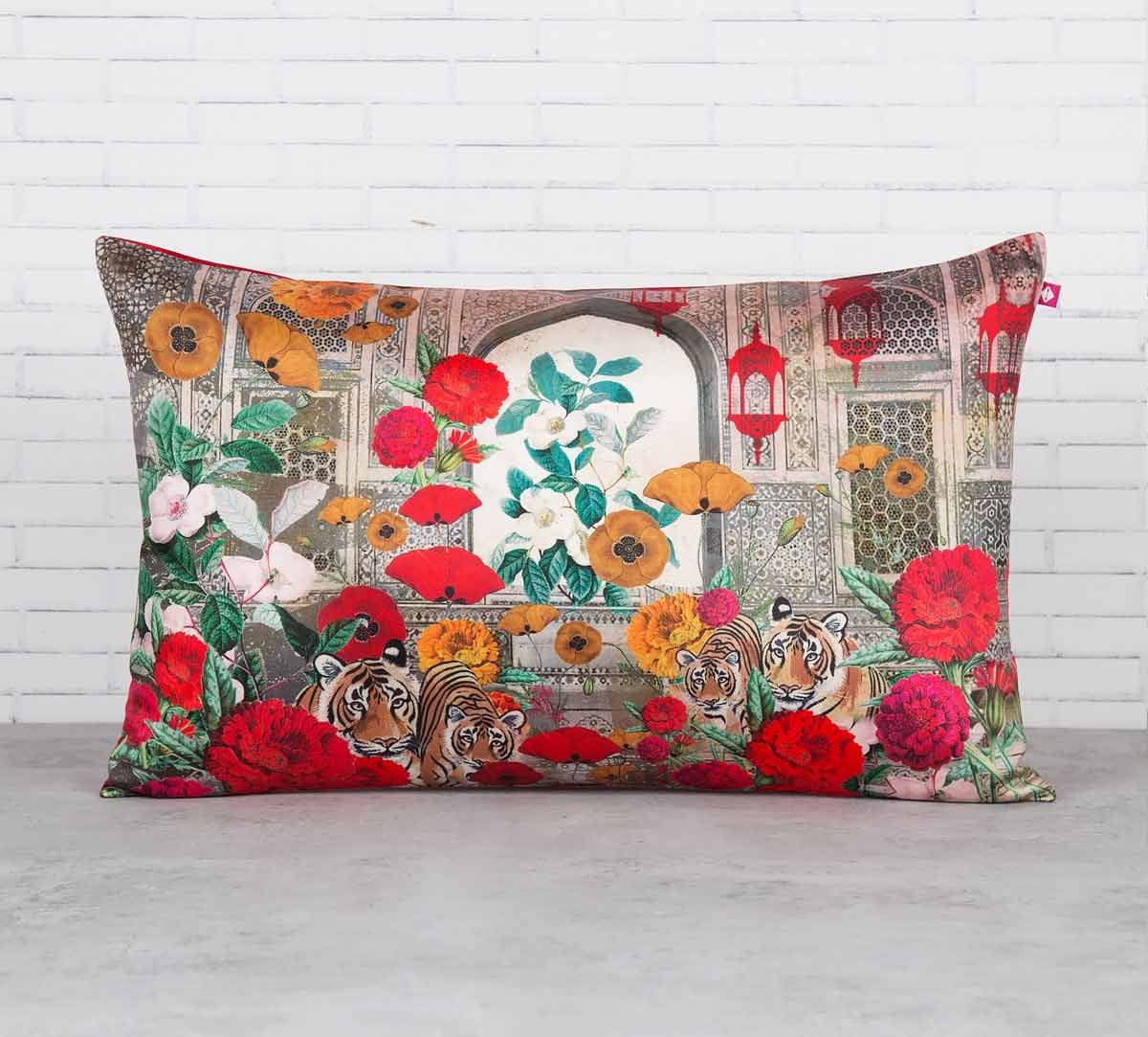 India Circus Tiger Hiding in the Floral Burst Blended Taf Silk Cushion Cover
