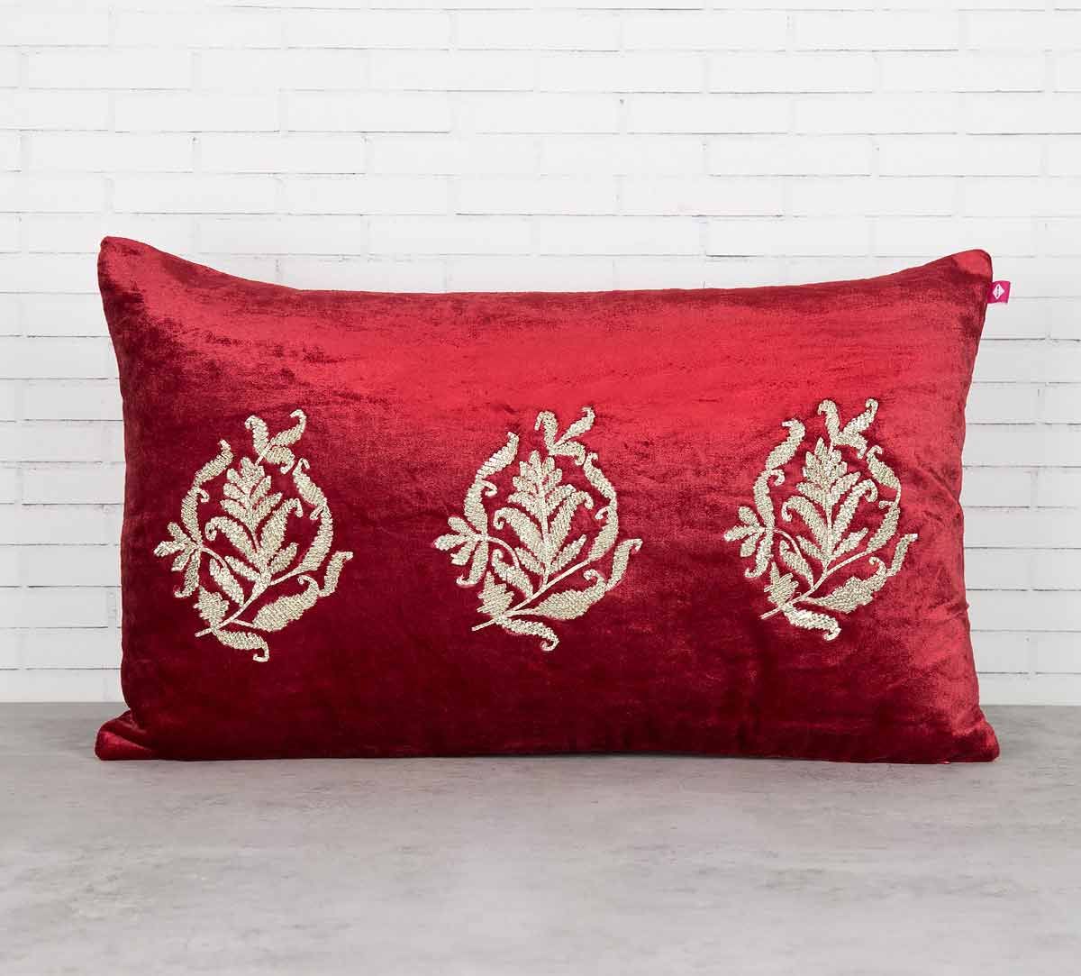 India Circus Trickles of Flower Crimson Embroidered Velvet Cushion Cover