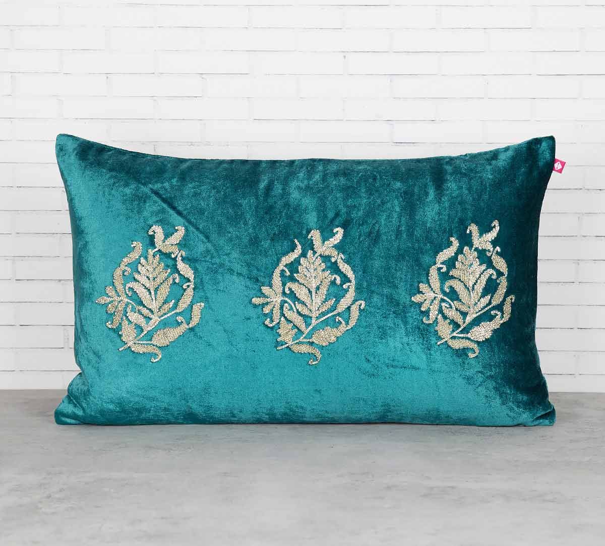 India Circus Trickles of Flower Peacock Green Embroidered Velvet Cushion Cover
