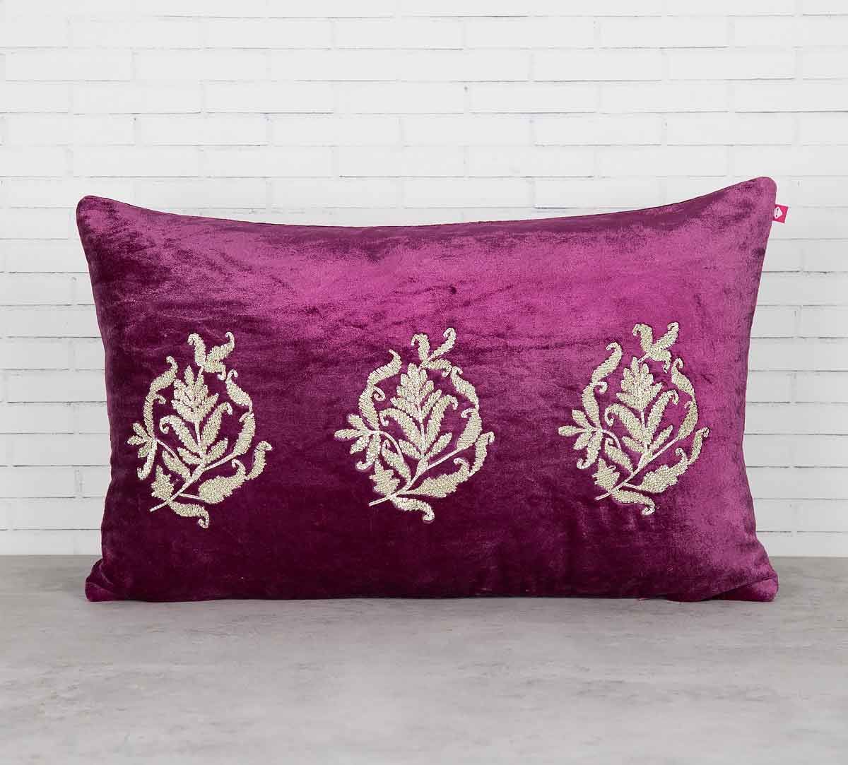India Circus Trickles of Flower Purple Embroidered Velvet Cushion Cover
