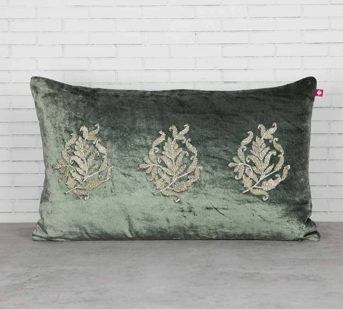 India Circus Trickles of Flower Siege Green Embroidered Velvet Cushion Cover