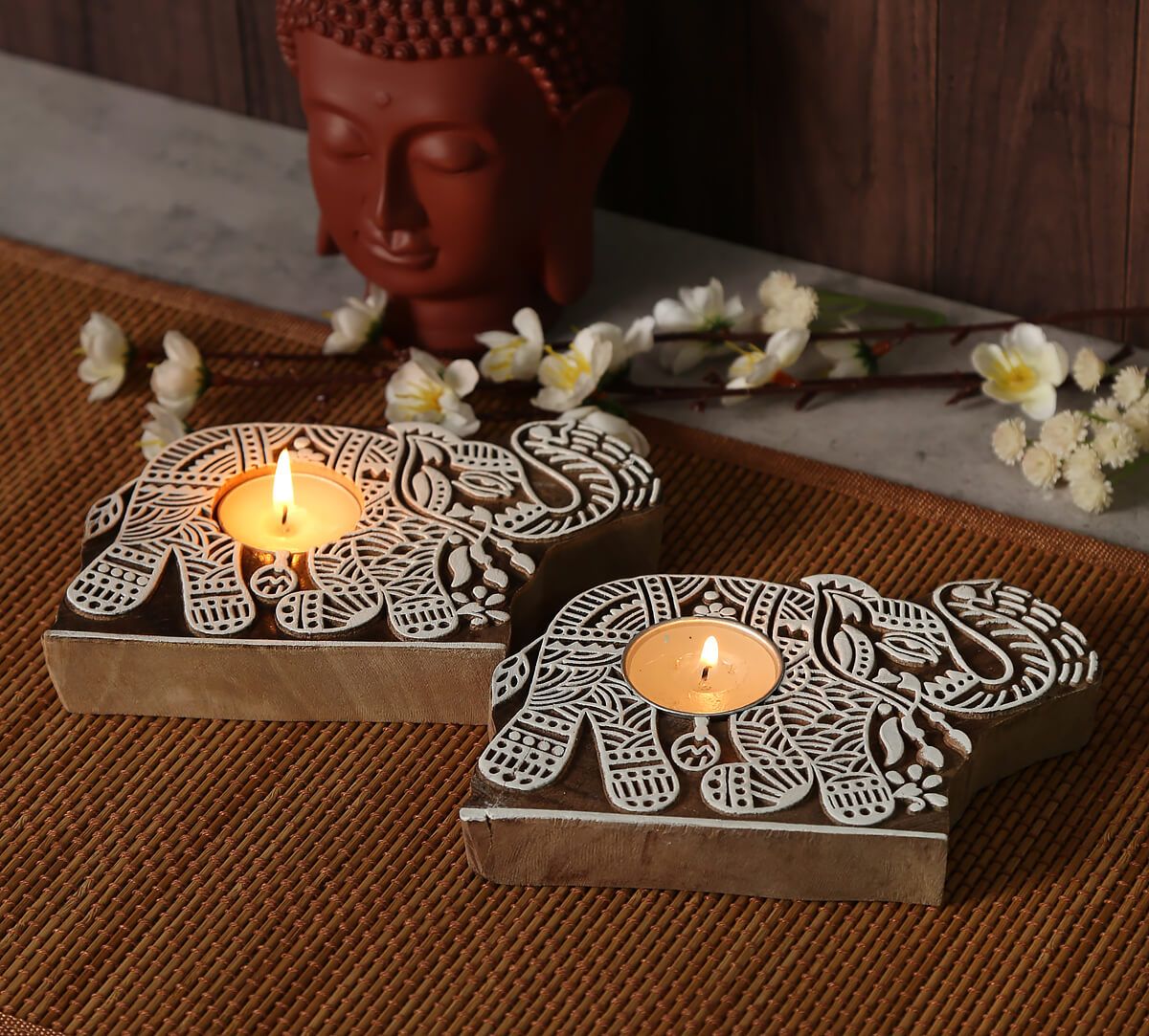 India Circus Tusker Shaped Wooden Engraved Tea Light Holder Set of 2