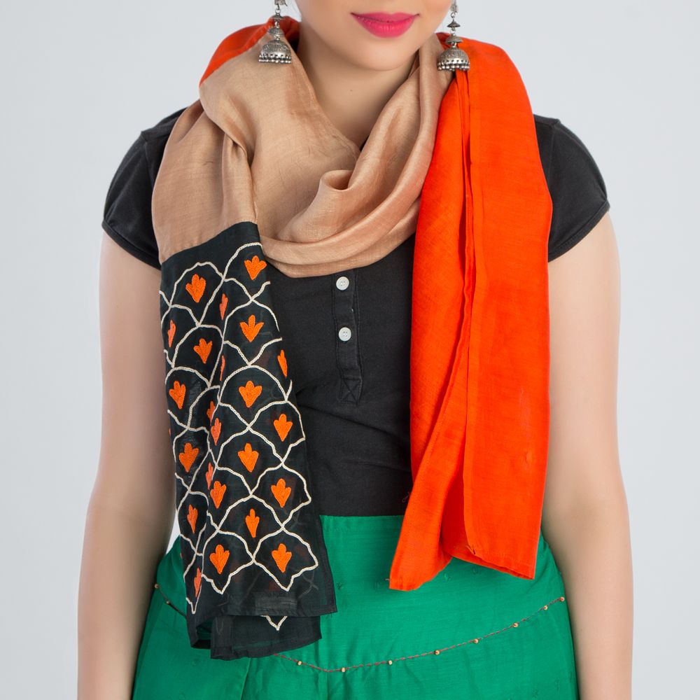Orange Beige Embroidered Silk Stole