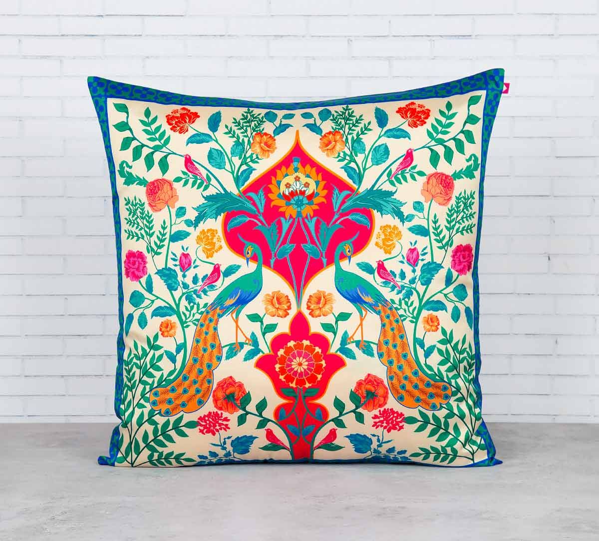 India Circus The Bright Birds and Floral Burst Blended Taf Silk Cushion Cover