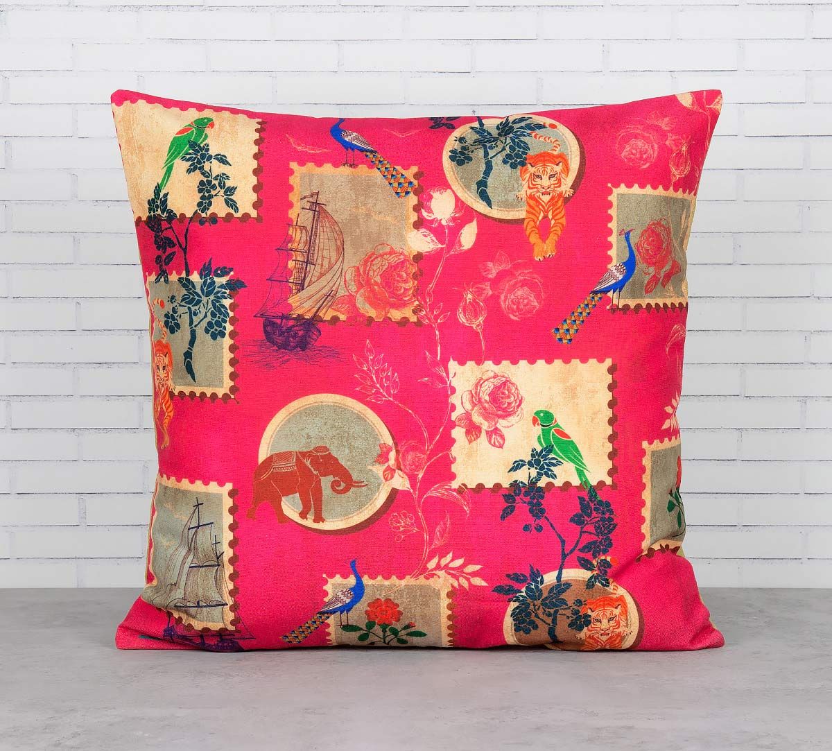 India Circus Wildlife Stamps Cushion Cover