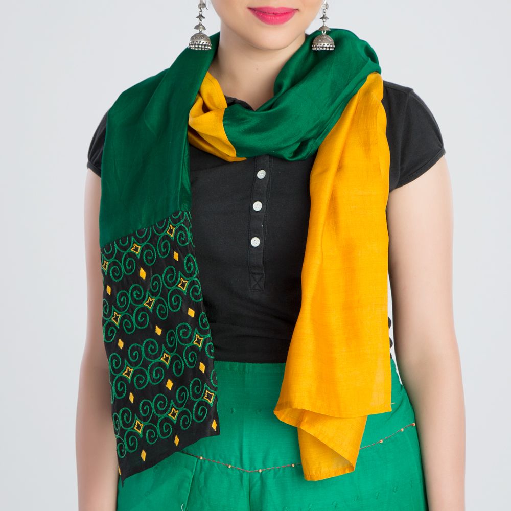 Yellow Green Embroidered Silk Stole