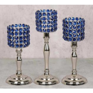 India Circus Blue Crystal Candle Holder Cylindrical Set of 3