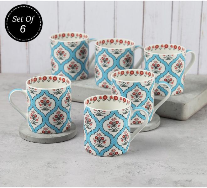India Circus Blue Lattice Motifs Coffee Mugs Set of 6