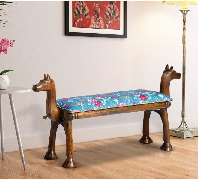 India Circus by Krsnaa Mehta Teal Floral Galore Wooden Animal Bench