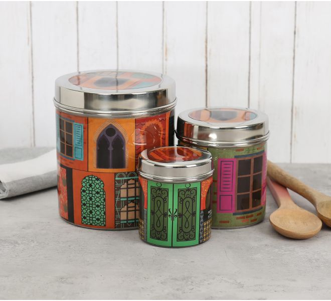 India Circus Mughal Doors Reiteration Steel Container (Set of 3)