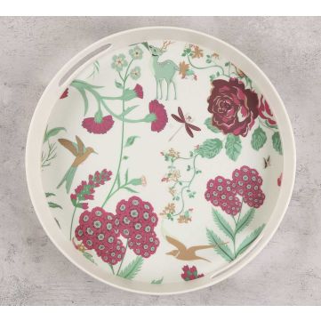 Grey Floral Galore Round Bamboo Tray